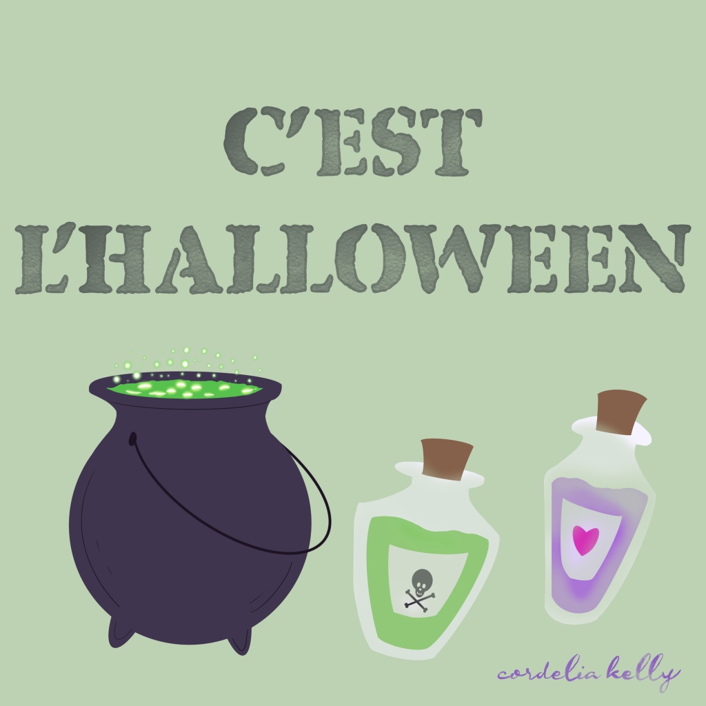 Lettering C'est L'halloween, a cauldron and two bottles of potion
